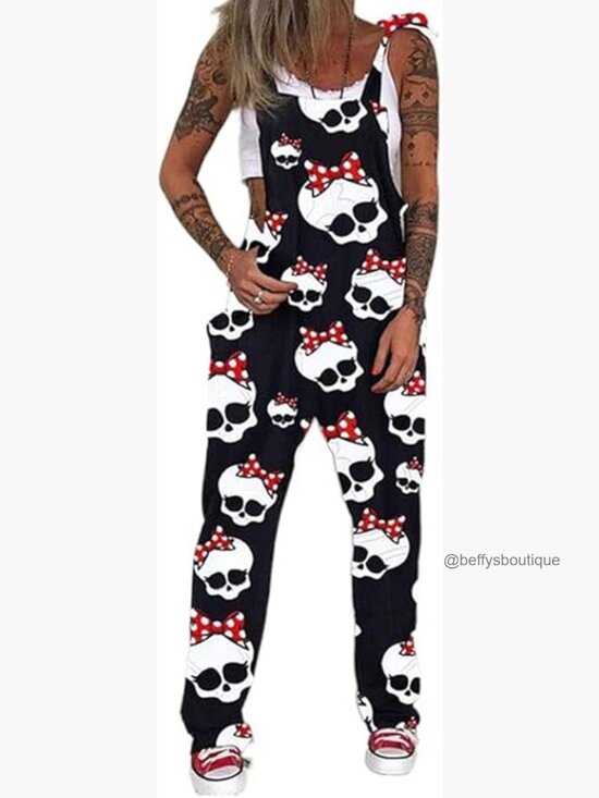 Pants - Loose Skull Printed Overalls Jumpsuit with Pockets